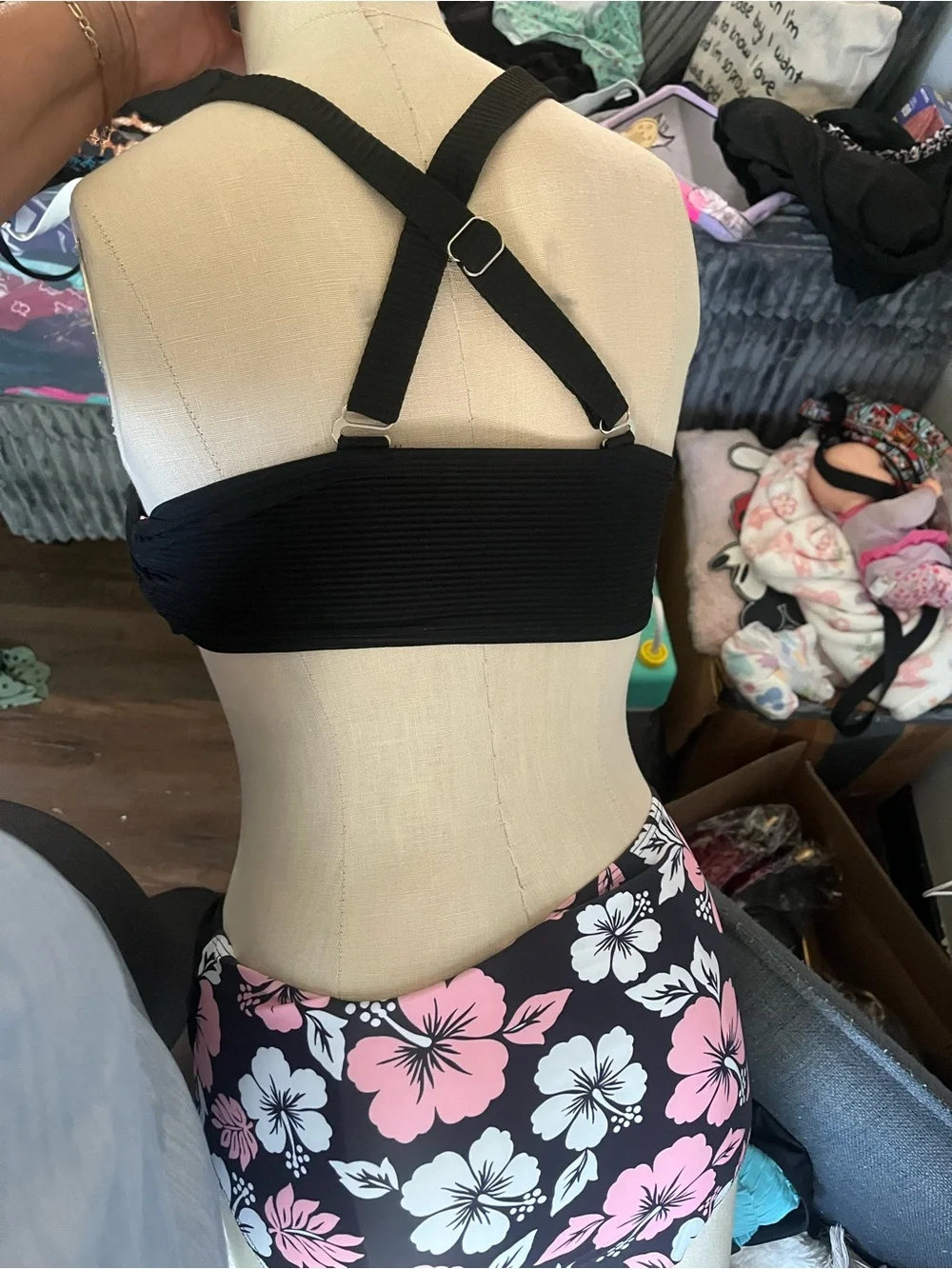 3 sets .Floral Halter Bikini Set in Black and Pink